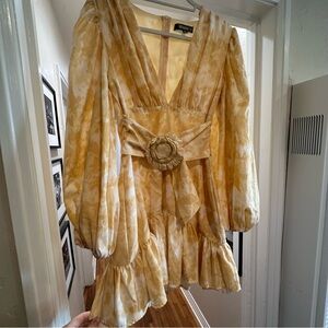 Yellow Puff Sleeve Ruffle Hem Mini Dress with Belt